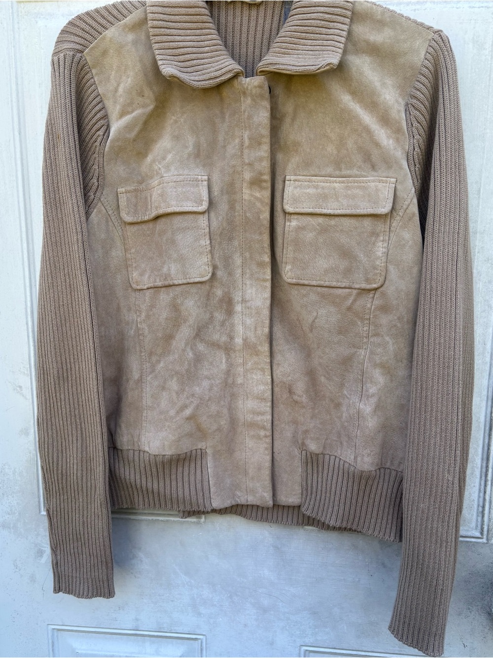 Kate Hill Taupe Suede & Knit Bomber Jacket